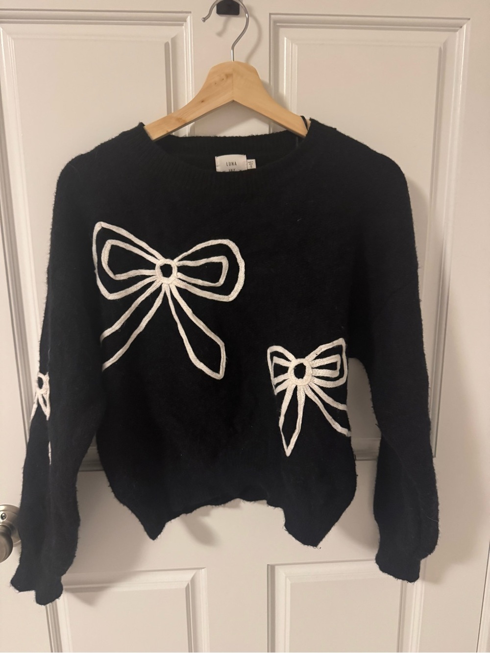 Luna Ivy Black Crewneck Sweater with White Bow Embroidery